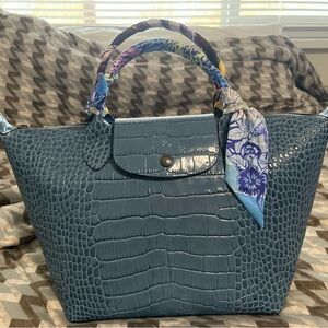 Elegant Blue Crocodile-Embossed Handbag
